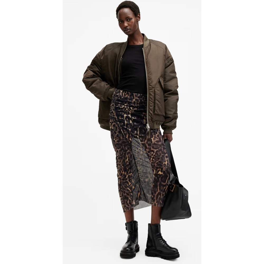 AllSaints Nora Leopard Print Mesh Ruched Midi Skirt Jinx Golden Brown Edgy